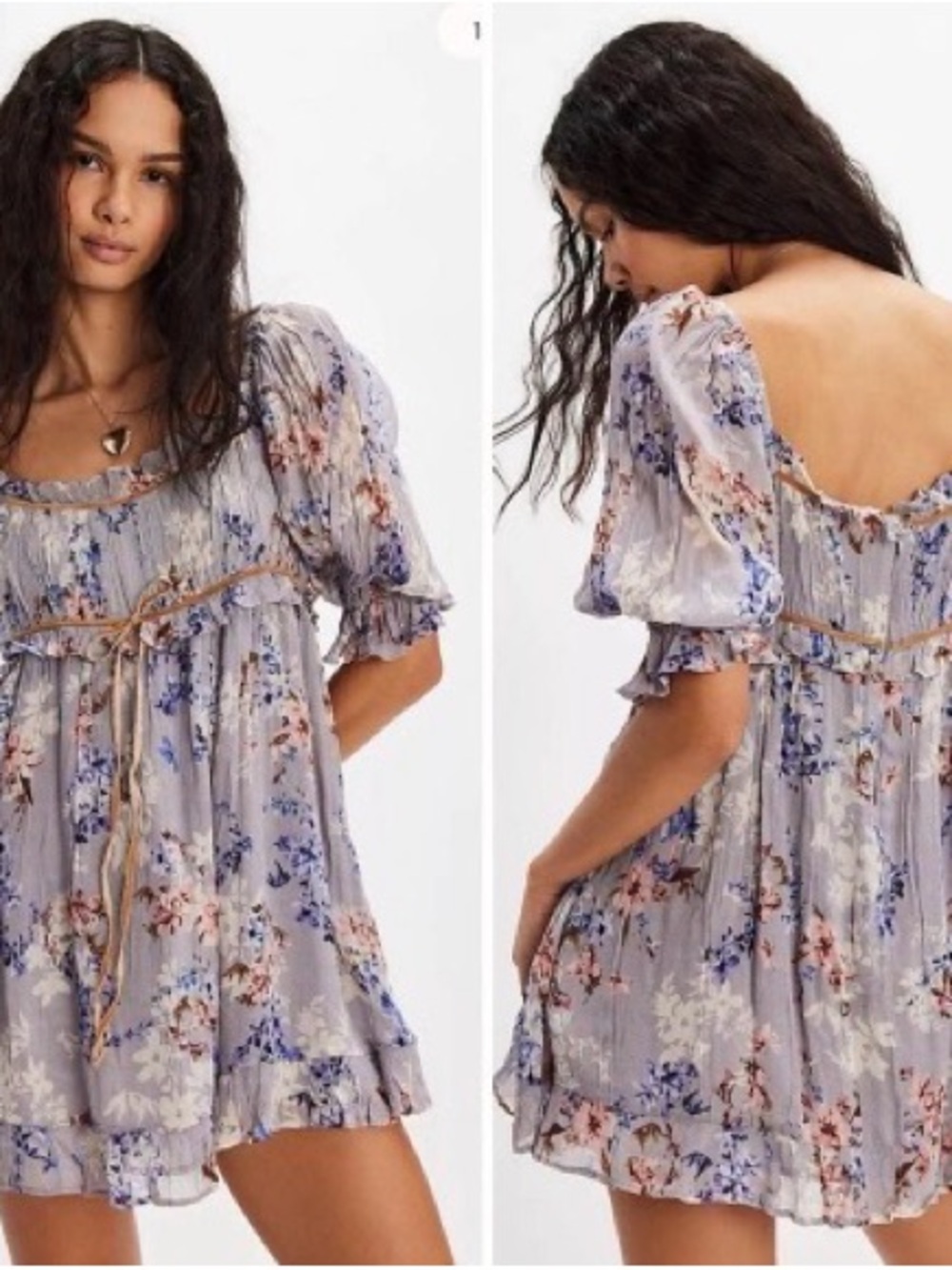 Free People Gray Floral Puff-Sleeve Mini Dress